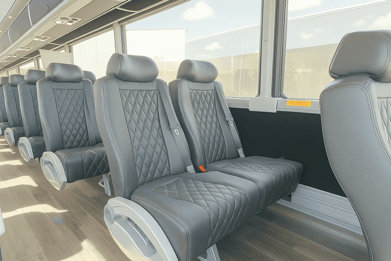 interior of Akron Minibus Company charter bus